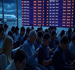A United Airlines plane parked on the tarmac at a busy airport, illustrating the widespread ground stop due to a technology issue.