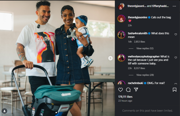 Tiffany Haddish and Jason Lee holding a baby in a confusing Instagram photo, sparking rumors about Tiffany Haddish's baby.